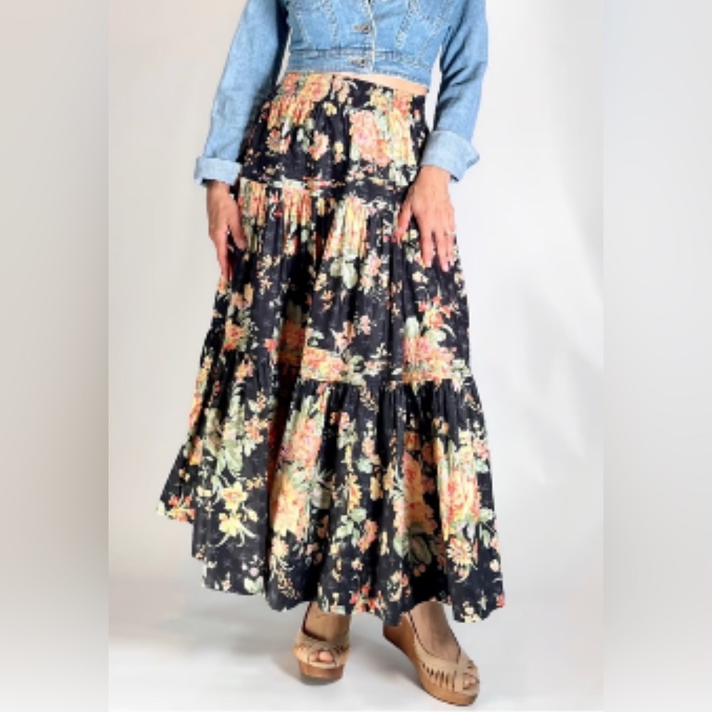 Women's Laura Ashley Floral Tiered Pintuck Skirt XLarge Black Cream Pink Yellow